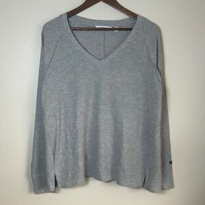 Calvin Klein Jeans Waffle Knit Top Women Large Grey V-Neck Long Sleeve Relaxed